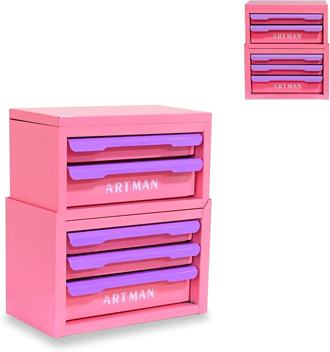 Mini Metal Tool Box, 2+3 Layer Portable Steel Small Tool Chest Cabinet, Stackable Desktop Organizer, Makeup & Stationery Storage Drawers with Handles for Home Office Workshop(Pink & Purple) by Unknown