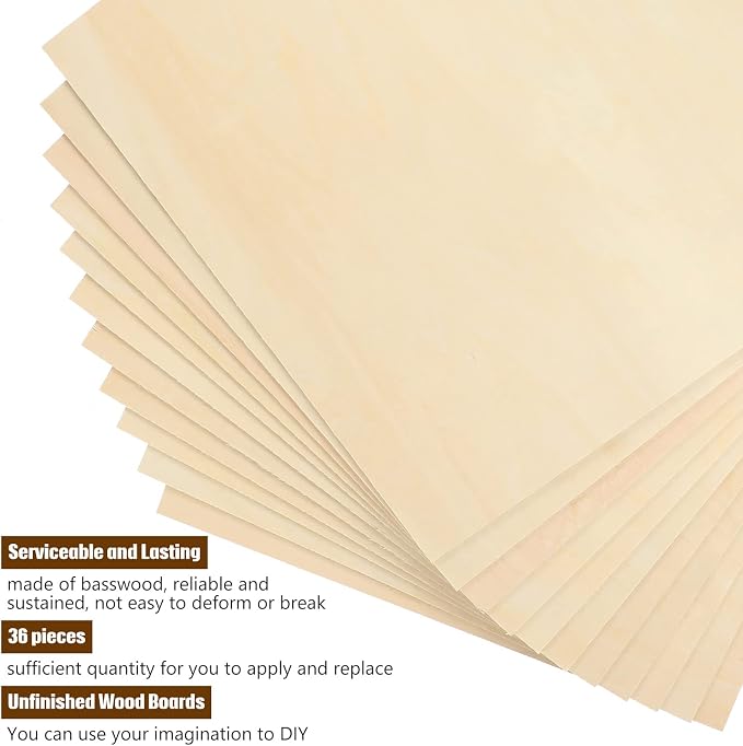 Riakrum Basswood Sheets Plywood Board Unfinished Wood Boards for Crafts for DIY Laser Projects Architectural Mini House Building Hobby Model Making(12 x 12 x 1/16 Inch,36) - Image 3