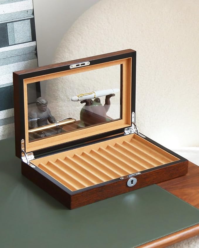 Fountain Pen Display Case with 12 Pens, Wood Pen Display Box, Lockable Pen Storage Box with Glass Top, Pen Box Organizer, Pen Collection Display Case (Brown with Camel Velvet) - Image 5