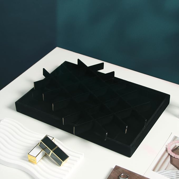 Coward 2PC Black Velvet Stackable 24 Gird Jewelry Organizer Tray Necklace Earring Box Storage Drawer Ring Earring Display Holder (24grid+24grid) - Image 4