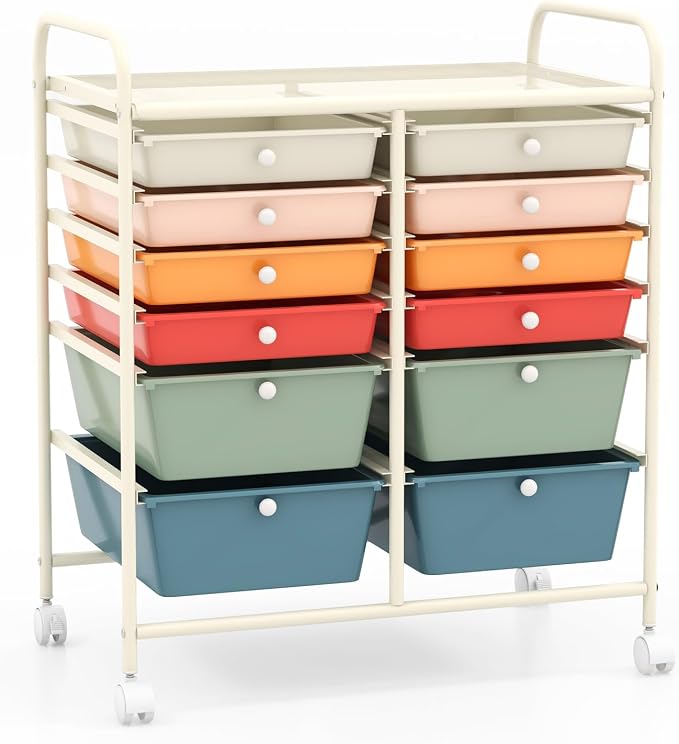DREAMADE Rolling Cart with Storage Drawers, Utility Cart with Removable Plastic Drawers, Lockable Wheels, Art Cart for Classroom Organization Art Supplies Office Scrapbook (12 Drawers, Macaron) by DREAMADE