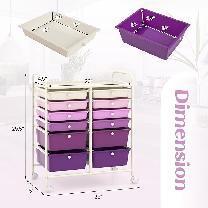 DREAMADE Rolling Cart with Storage Drawers, Utility Cart w/Removable Plastic Drawers, Lockable Wheels, Art Cart for Classroom Organization Art Supplies Office Scrapbook (12 Drawers, Purple Gradient) - Image 3