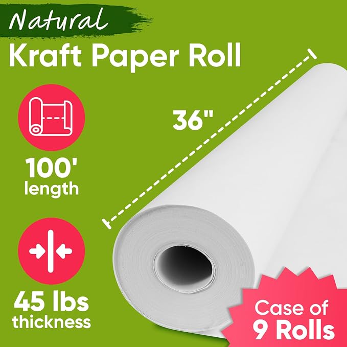 36" x 1200" (100 ft) White Kraft Paper (Case of 9 Rolls), 45 lbs Thickness, Kraft Paper for School, Arts, Gift Wrapping, Moving - Image 2