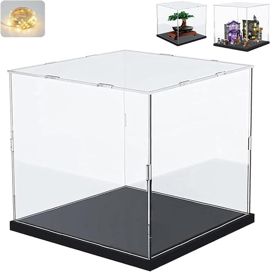 Thickened Clear Acrylic Display Case for Lego 10281 21056 76439 10266 Collectibles, Self-assembly Transparent Box Dustproof Protection with Wood-Plastic Base & String Light, Black Inside 9.8x9.8x9.8in