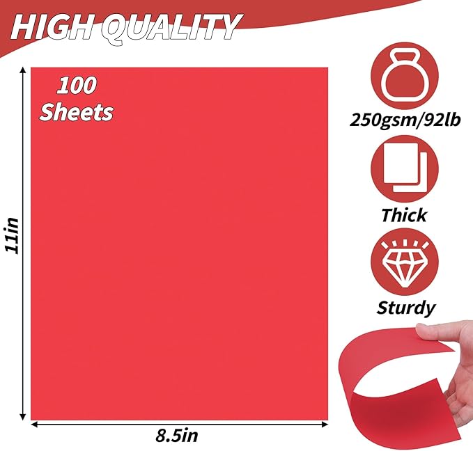 100 Sheets Red Card Stock 8.5 x 11in,250GSM 92lb Red Cardstock Card Stock Construction Paper,Heavy Weight Printer Paper for Invitations, Stationery Printing, Scrapbooking,Crafts, DIY Cards - Image 2