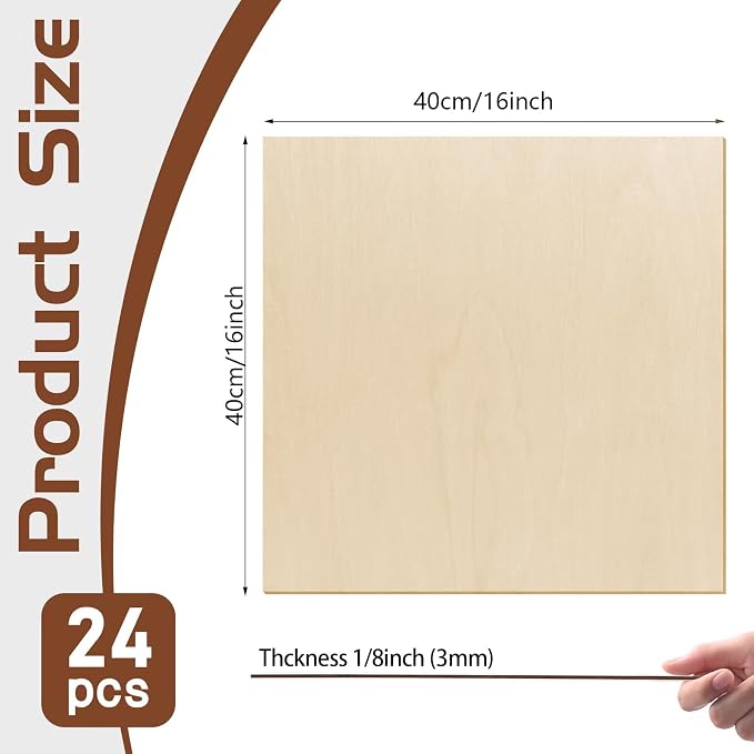 24 Pcs Basswood Sheets Plywood, 16 x 16 x 1/8 Inch - 3mm Thick Unfinished Wood Board for Crafts for Laser Cutting & Engraving, School DIY Projects, Painting, Fretwork, CNC Cutting, Wood Burning 24 Pcs - Image 2