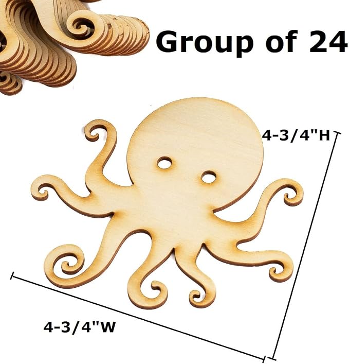 24‑Piece Unfinished Wood Octopus Cutouts – Blank Wooden Octopus Shapes for Painting, DIY Sea Ocean Coastal Beach Crafts and Creative Projects (4-3/4" 4-3/4") - Image 2