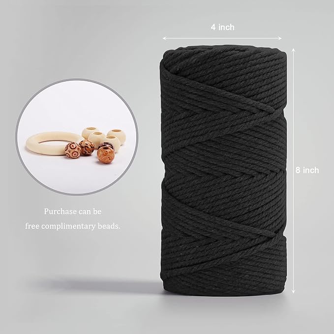ZUEXT Macrame Cord, Black, 5mm x 109yds Cotton String Macrame Yarn | 100% Natural Handmade, 4 Strands Twisted Cotton Rope, For Wall Hanging Plant Hangers Gift Wrapping Tapestry DIY Crafts, 100m - Image 2