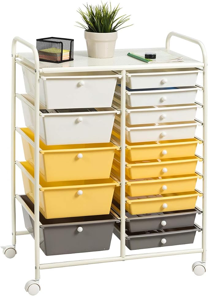 RELAX4LIFE 15 Drawer Rolling Storage Cart, Mobile Drawer Carts for Craft Art Supply Paper Salon, Utility Cart on Wheels for Classroom Teacher School Office, Rolling Cart with Drawers (Yellow) by RELAX4LIFE
