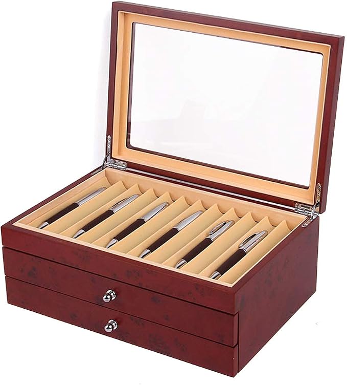 34 Slots Wooden Pen Display Box, 34 Pens Storage Fountain Pen Collector Case with Transparent Top Large Organizer Box, Gifts for Man Father Boyfriend Husband (Red) - Image 2