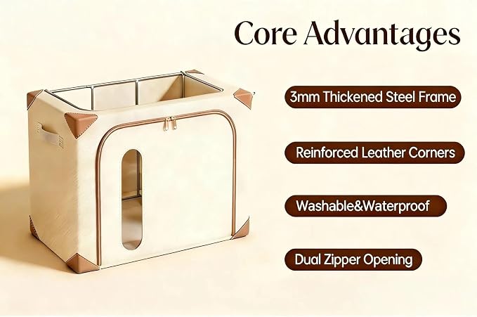 Clothes Storage Bins with Metal Frame&Leather Fringe&Clear Window, Washable Oxford Fabric Bins, , Stackable foldable Closet Organizers Sweater Comforter Storage(3 pcs,Beige,66L) (Double Styles) - Image 3