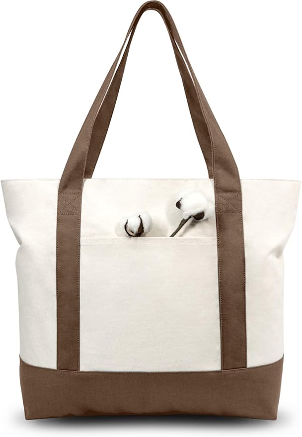 TOPDesign 6-Pack Canvas Tote Bags with an External Pocket, Reusable Grocery Shopping Bags, Top Zipper Closure, Daily Essentials (Brown/Natural) by TOPDesign