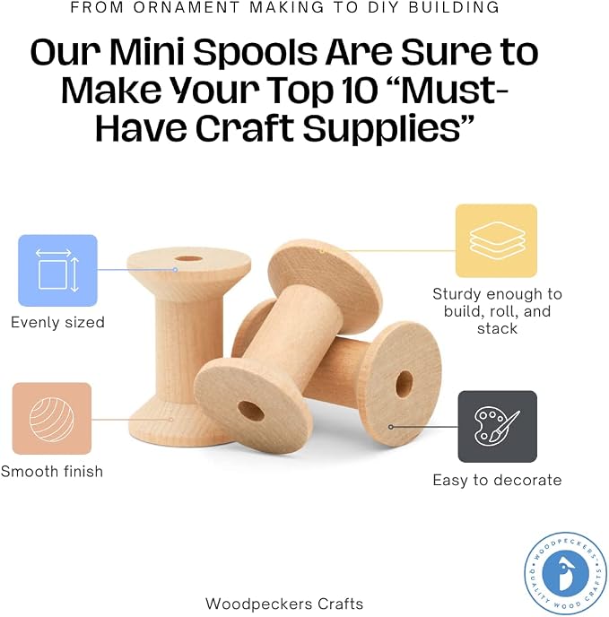 Hourglass Wooden Spools 2 x 1-3/8 Inch, Pack of 12 Large Wood Spools, Unfinished Birch, Splinter-Free for Crafts by Woodpeckers - Image 4