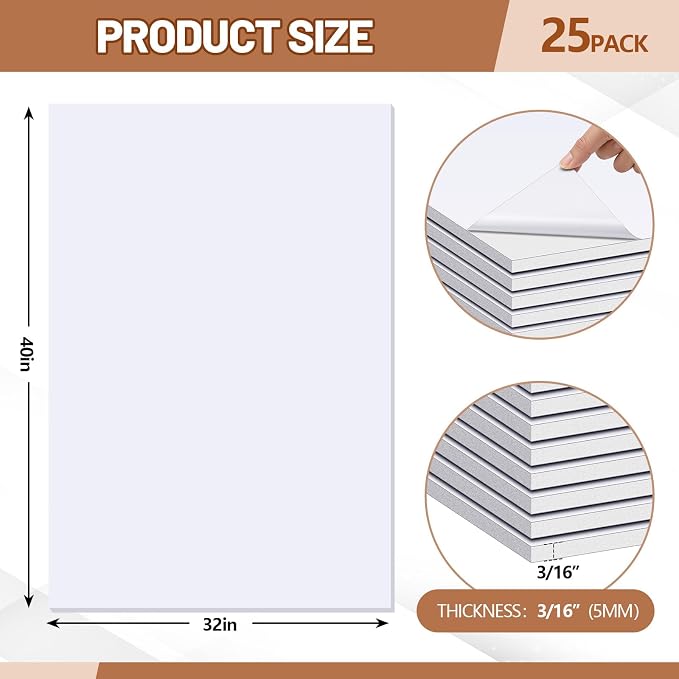 Pushglossy 25 Sheets 32 x 40 x 3/16" Self Adhesive Foam Board White Self-Adhesive Tack Foam Boards Large Free Mounting Poster for Crafts Presentation Vision Board Signboard and Party Decorations - Image 2