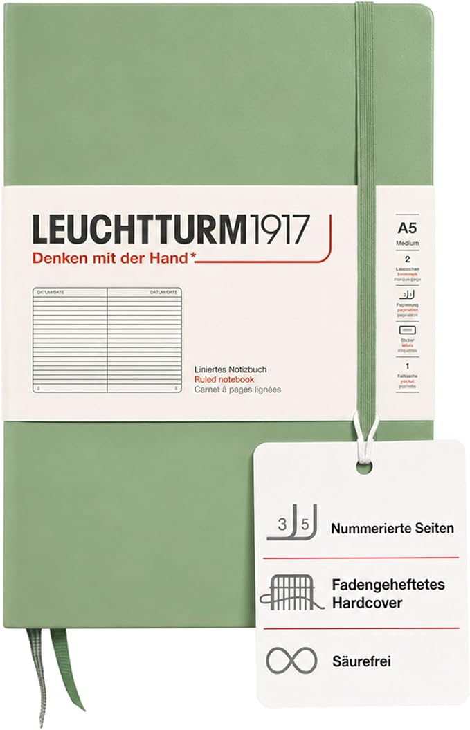 LEUCHTTURM1917 - Notebook Hardcover Medium A5-251 Numbered Pages for Writing and Journaling (Sage, Ruled) by LEUCHTTURM1917
