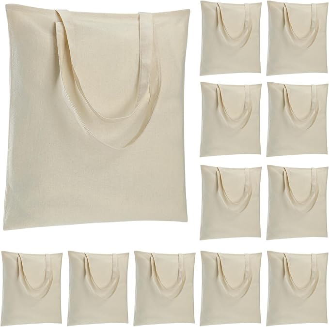 Carbrea 12 Pack Large Canvas Tote Bags Bulk, Reusable Grocery Bags - Beige | Lightweight, 5oz Natural Canvas, Reinforced Stitches, Blank Design, Ideal for Shopping DIY Sublimation Activity Gift by Carbrea