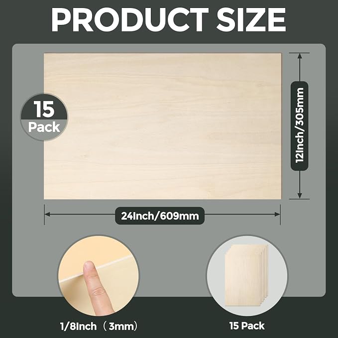 15 Pack Basswood Sheets, 12"x24"x1/8" Basswood for Laser Cutting | Laser Blanks, Smooth Surface, Uniform Thickness, No Burrs, No Warping, No Knots, No Cracks - Image 2