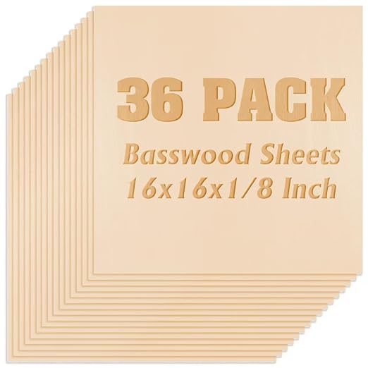 36 Pack Basswood Sheets, Plywood Board 1/8 Inch Unfinished Wood,3mm Plywood for Laser Cutting,Boards for Crafts for DIY Plywood Sheets Unfinished Wood Boards for Laser Cutting(16inchx16inch) by Unknown
