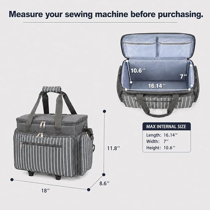 Sewing Machine Case with Wheels, Rolling Sewing Machine Carrying Case, Trolley Tote Bag Fits for Most Standard Sewing Machines Like SINGER, Brother and Janome, Grey - Image 2
