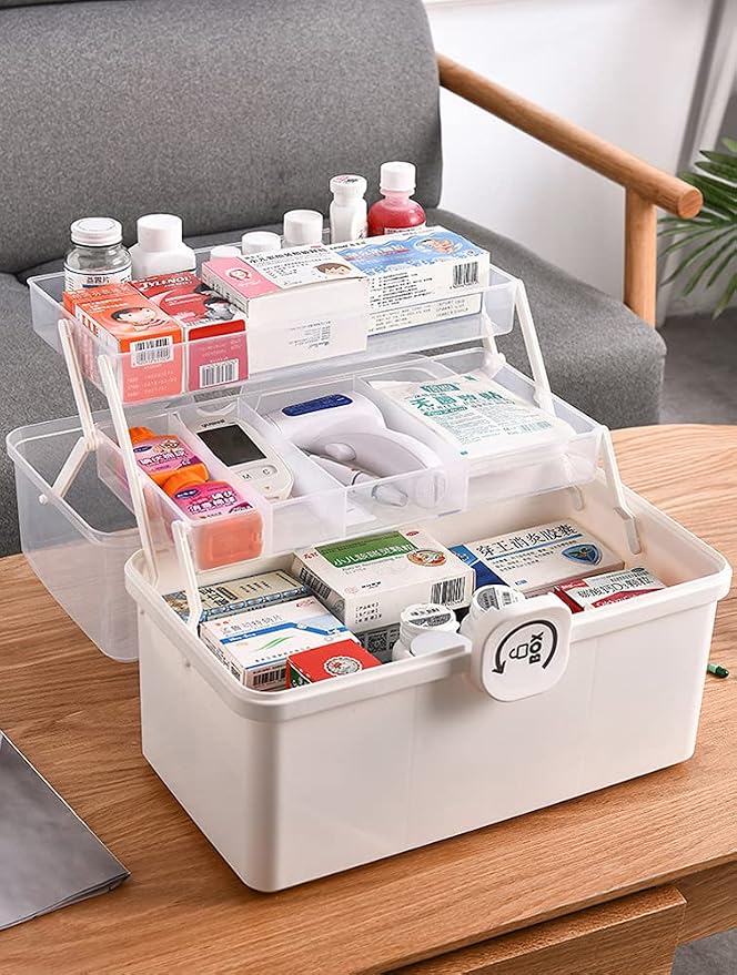 Sooyee Craft Organizers and Storage,Plastic Box with 3-Tier Fold Tray and Handle,Portable Lockable Container for Arts, Crafts,Cosmetic, Sewing, Toy, Washi Tape, Lego,13.4x7.5x8.9 In,Clear/White - Image 4