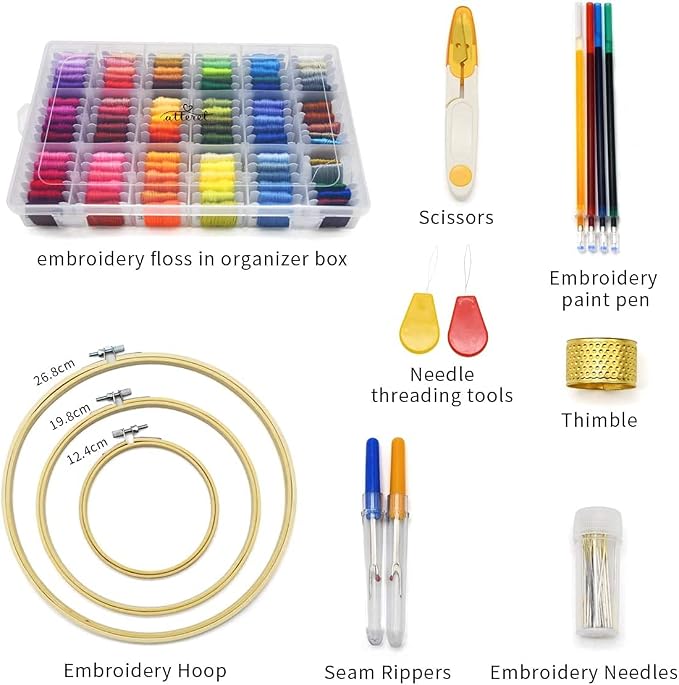 ATTERET Full Range Embroidery and Cross Stitch Starter Kit with Premium Storage Organizer Bag, Includes 99 DMC Coded Cotton Threads, 9 Metallic Floss, 3 Hoops, Needles, Scissors + More (Purple) - Image 2