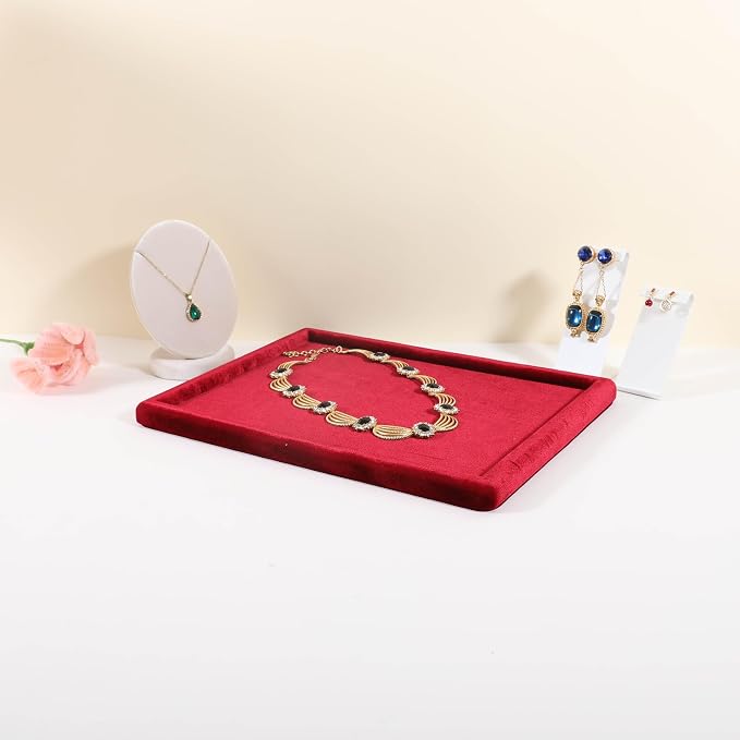 Rectangle Jewelry storage organizer plate, Velvet Jewerly display tray, Empty showcase tray for Necklace Bracelet Ring Earring【Red-Medium, 11.8 x 8.7 in 】 - Image 9