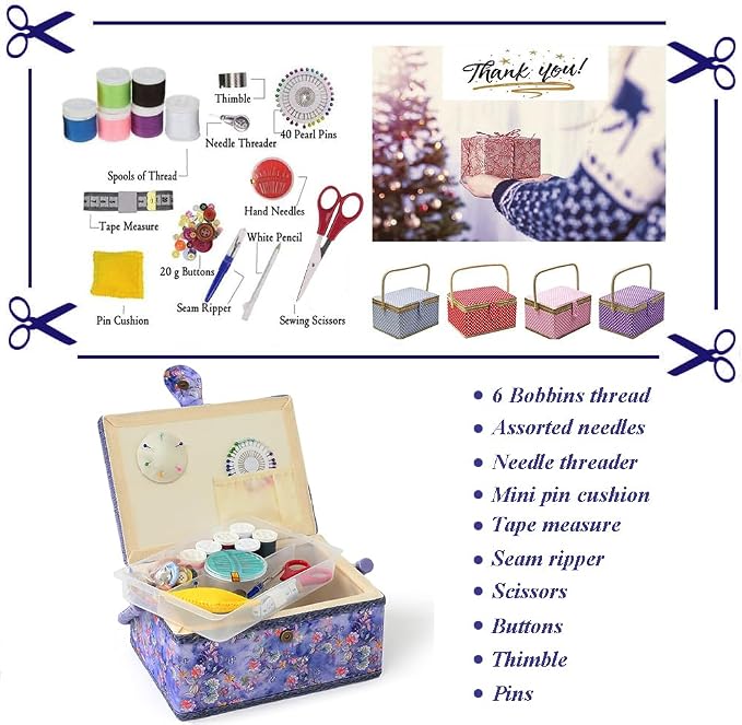 Sewing Basket with Sewing Supplies, Medium Sewing Box for Accessories Storage, Purple Flower - Image 3