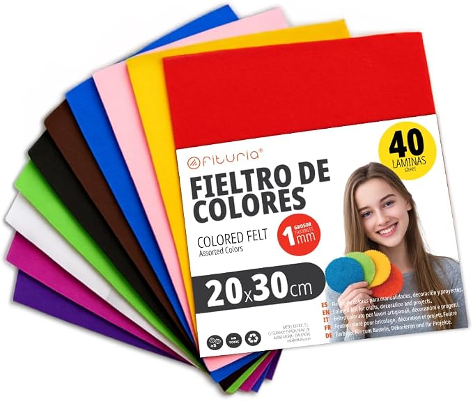 OFITURIA Felt for DIY Crafts, Soft and Flexible Coloured Fabric Sheets for Sewing, Patchwork, School Projects, Textile Art and Decoration, 20 x 30 cm (Assorted, 40 Pcs) by OFITURIA