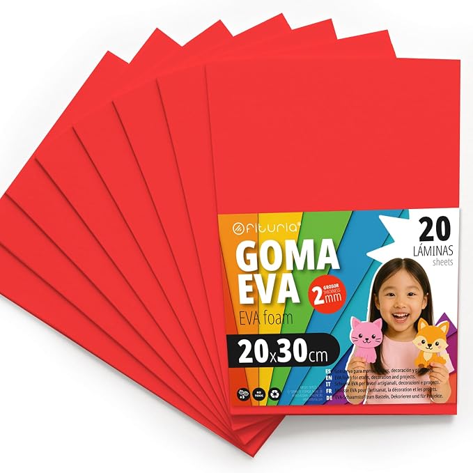 OFITURIA Foam Rubber for Crafts and School Projects, Coloured Foam Ideal for DIY, Decoration, Scrapbooking and Creative Projects, 20 x 30 cm (Red, Pack of 20) by OFITURIA