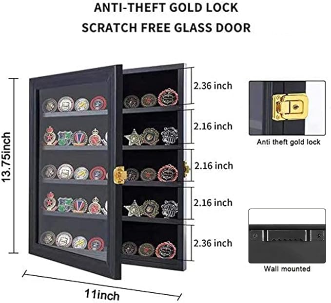 Military Challenge Coin Display Case Lockable Cabinet Rack Holder Shadow Box with Removable 2 Grooves Shelves and Anti Dust Door for Casino Poker Chips Collectibles, Small - Black - Image 2