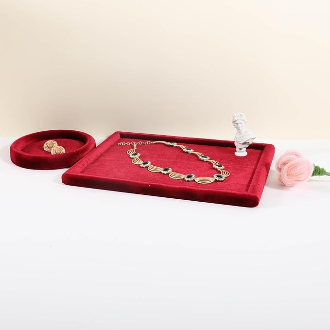 Rectangle Jewelry storage organizer plate, Velvet Jewerly display tray, Empty showcase tray for Necklace Bracelet Ring Earring【Red-Medium, 11.8 x 8.7 in 】 - Image 7
