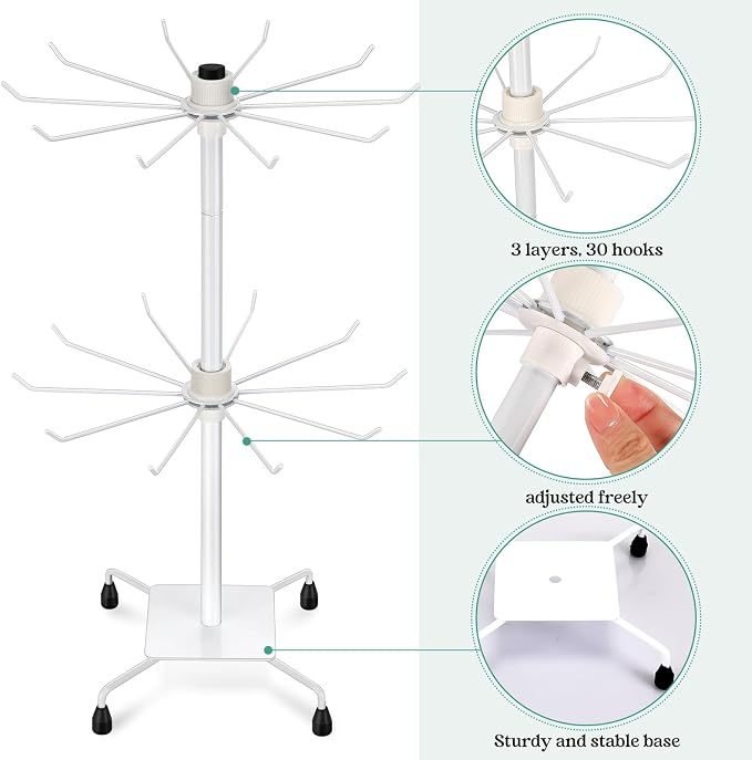 BBTO 2 Pcs Rotating Display Stand Jewelry Display Rack with Hooks Metal Earrings Stand for Vendors Necklace Bracelet Selling(White,19.69 x 11.8 Inch) - Image 3