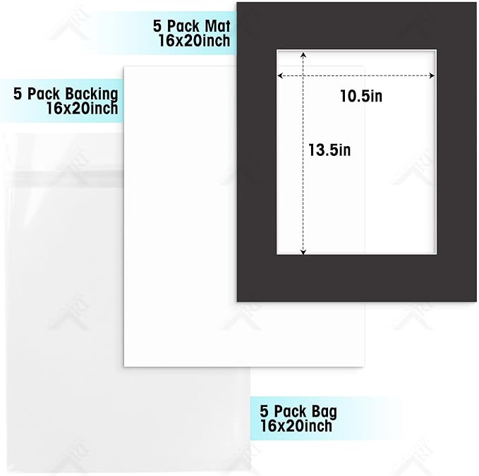 Golden State Art 5 Pack Black Mat 16x20 for 11x14 Photo Matte+Backings+Bags | Acid-Free,4-Ply Thick,Pre-Cut Kit Mattes,White Core,Bevel Cut,For Photos, Pictures,Artwork, Poster or Print Display - Image 2