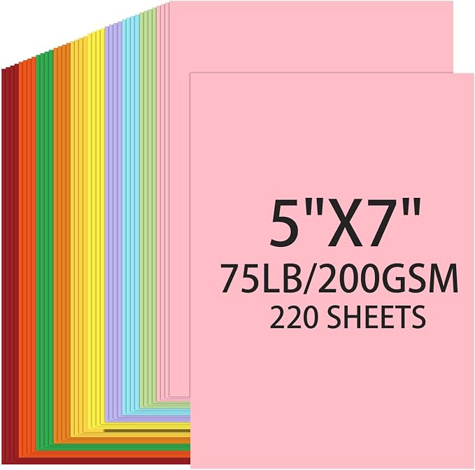 Cardstock 5x7, 220 Sheets, 10 Assorted Colors Construction Paper, 5x7 Cardstock Paper, 75lb/ 200gsm Heavyweight Blank Cards for Printer,DIY,Wedding Invitations, Thankyou Cards, Postcards by Ciphyfee