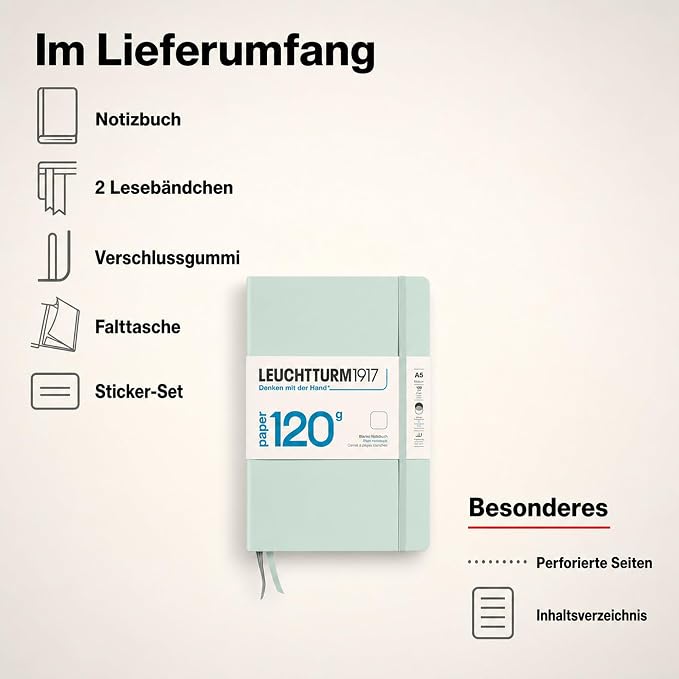 LEUCHTTURM1917-120G Special Edition - Medium A5 Plain Hardcover Notebook (Mint) - 203 Numbered Pages with 120gsm Paper - Image 7