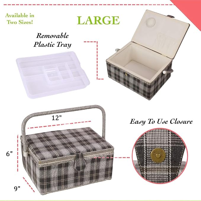 Sewing Basket with Floral Print Design - Sewing Kit Storage Box with Removable Tray, Built-in Pin Cushion and Interior Pocket - by Adolfo Design (Large - 12" x 9" x 6", Dark Gray Plaid) - Image 2