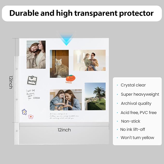 3 Ring Binder 12x12 Inch Large Scrapbook Photo Album, Linen Cover Scrap Book with 30 Plastic Sleeves 60 Pages 12 x 12 Scrapbooks White Pages for Wedding Couples Baby Travel Women kids (Cyan Blue) - Image 5