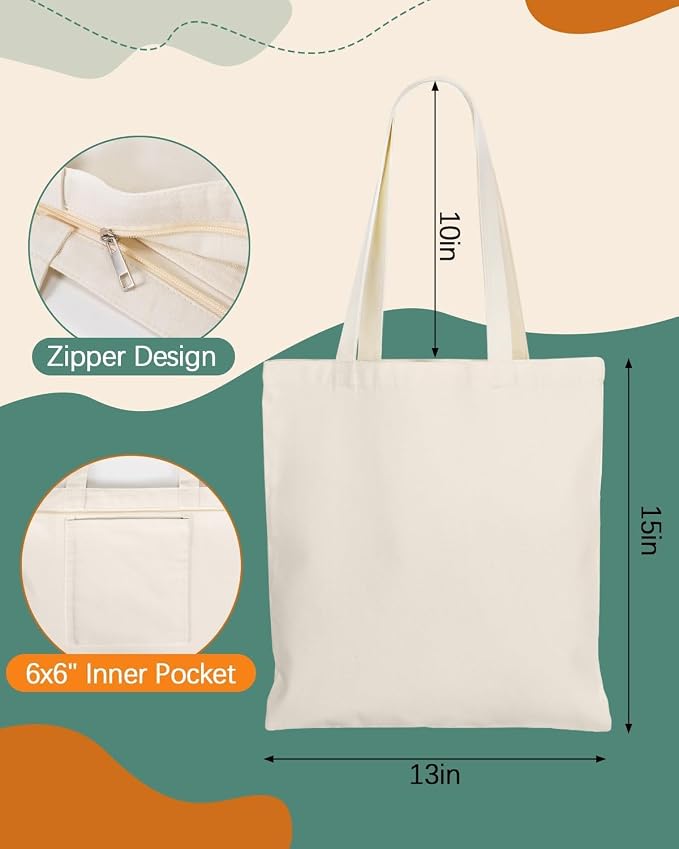 24 Pack Canvas Tote Bag Bulk with Zipper and Pocket (13x15in) | DIY friendly, 10oz thick fabric, machine washable without shrinking, ideal for painting, sublimation, HTV - Image 2