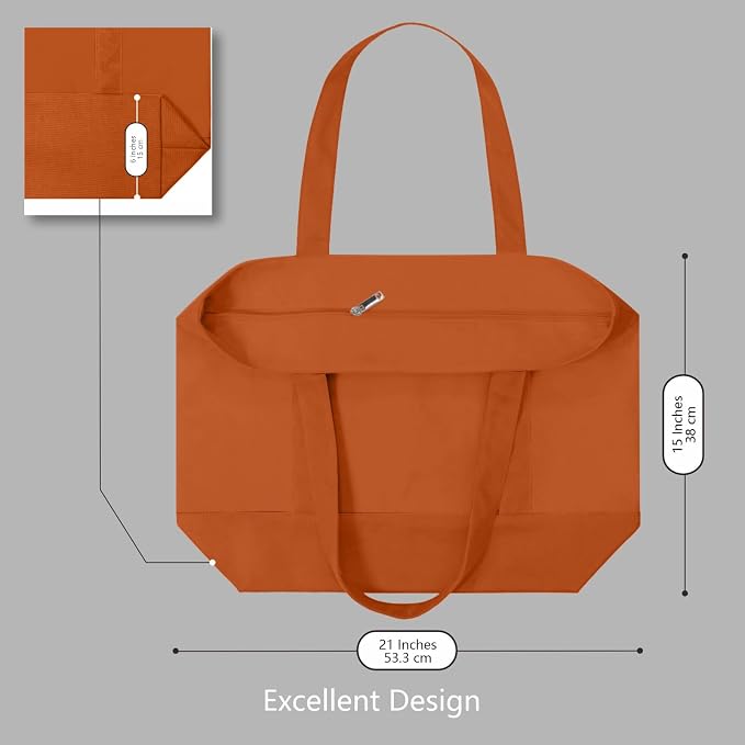 TOPDesign 6-Pack Canvas Tote Bags with an External Pocket, Reusable Grocery Shopping Bags, Top Zipper Closure, Daily Essentials (Orange) - Image 5