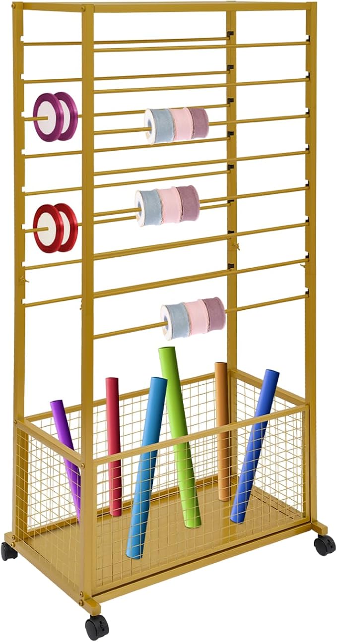 16 Tier Ribbon Holder Organizer Rack for Craft Room, Ribbon Display Stand with Lockable Wheels, Multifunctional Ribbon Storage Flower Gift Wrap Organizer for Flower Shop, Cake Shop (Gold) by JAYEUW