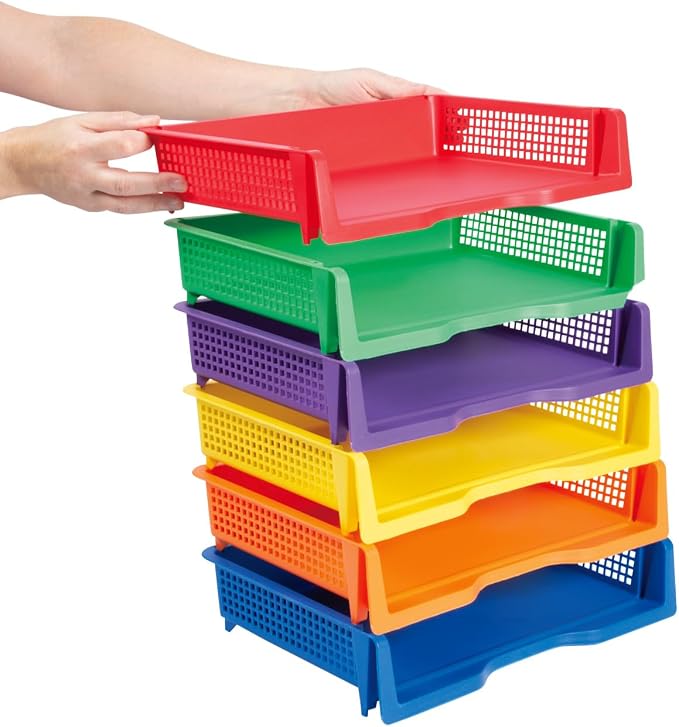 Fun Express Paper Organizer Stackable Plastic Trays 6 Pack - Colorful Desktop Organization System for Classroom & Office | Letter Size Paper Storage Bins for Teachers, Students & Home Use - Image 2