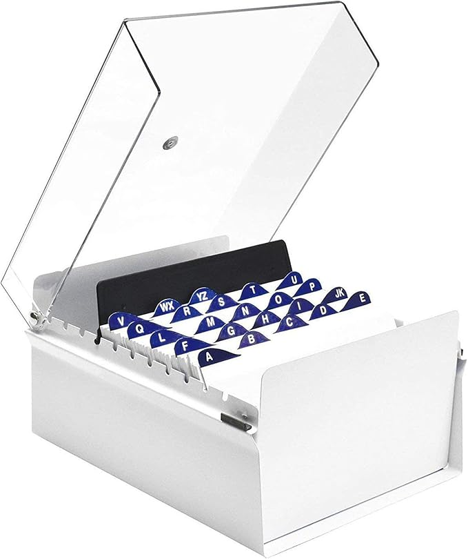 Acrimet 5 X 8 Card File Holder Organizer Box Metal Base Heavy Duty (AZ Index Cards and Divider Included) (White Color with Clear Crystal Plastic Lid Cover) | With A-Z Index & Non-Slip by Organizingyourlife