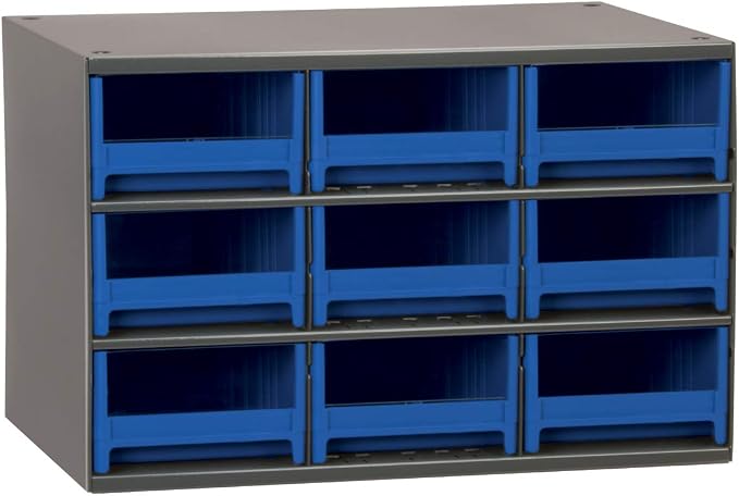 Akro-Mils Steel Garage Storage Cabinet, Small Parts Organizer Metal Cabinet for Hardware, Nails, Screws, Bolts, Nuts, and More, 17" W x 11" D x 11" H, 9-Drawer, Gray Cabinet/Blue Drawers (19909) by Akro-Mils