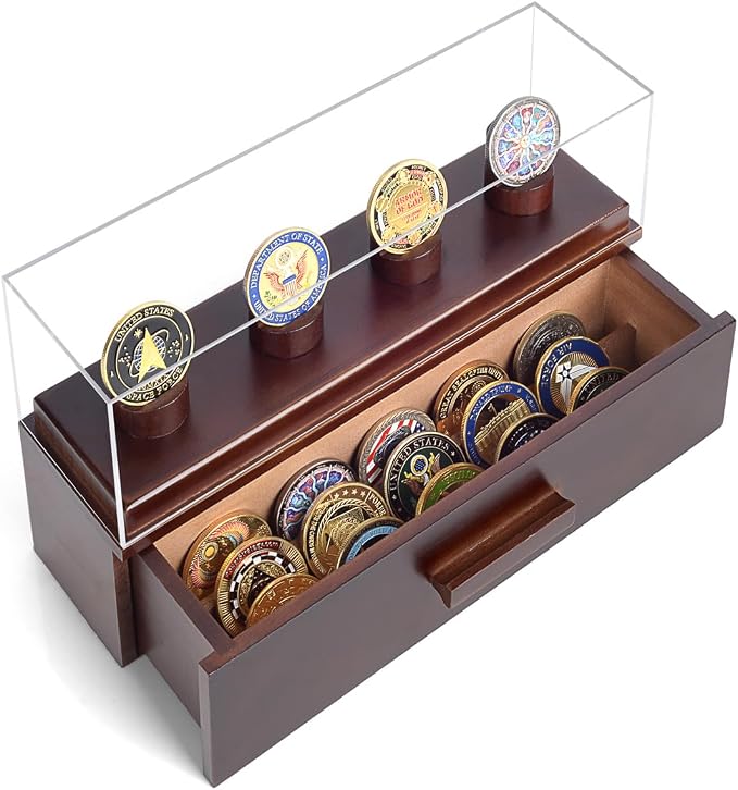 Challenge Coin Display Case, Military Coin Collection Holder with Wooden Coin Box, Drawers, and Clear Acrylic Lid – Gifts for Coins Collectors (4 Pillars) by ULTRGEE