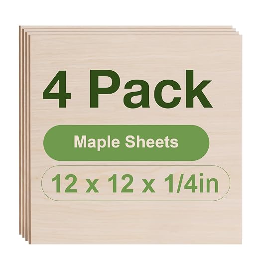 Rowood 4 Pack Maple Plywood 1/4,12x12x1/4inch,6mm Thick Unfinished Wood for Laser Cutting and Engraving,DIY Ornaments,Wood Burning,Models Drawing by RowoodAssembleArtDecorateLife