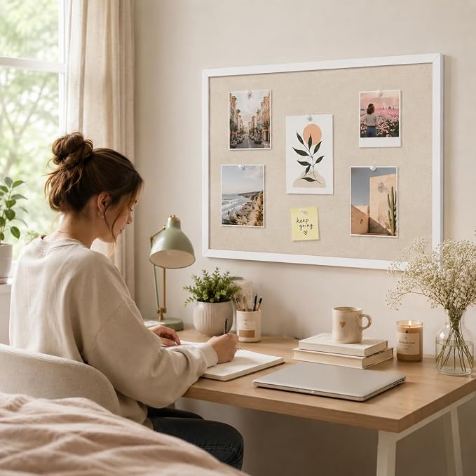 17"x23" White Framed Natural Wood Tone Bulletin Board, Pin Board | Linen corkboard texture. Premium cork boards for walls and pin board office organizer. - Image 5