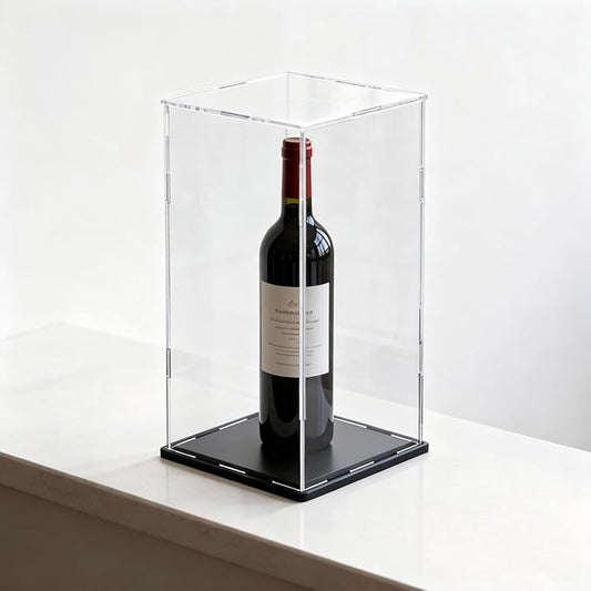 Acrylic Display Case with Matt Black Base and Lid, Dust-Proof Acrylic Box, Tall Showcase Counter-Tops Box for Red Wine Bottles, Figures, Dolls and Colletables (5x5x14 inch)