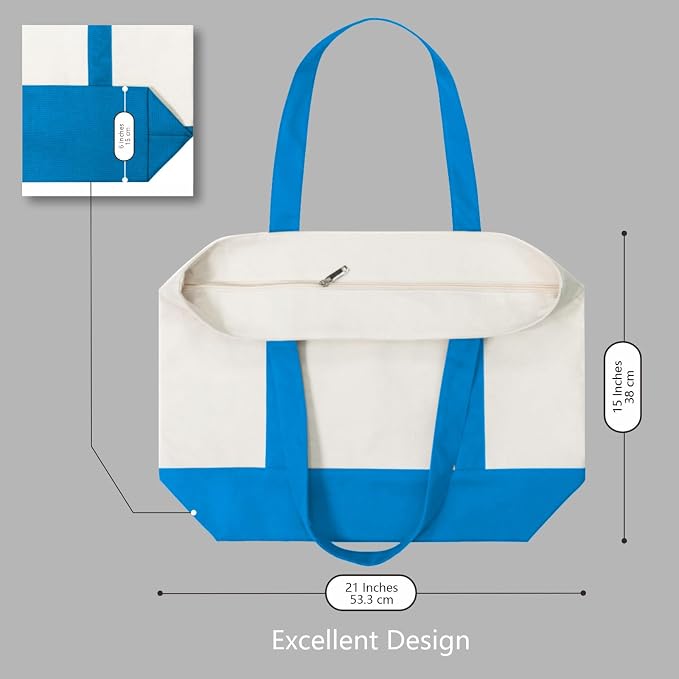 TOPDesign 1-Pack Canvas Tote Bag with an External Pocket, Reusable Grocery Shopping Bag, Top Zipper Closure, Daily Essentials (Ocean Blue/Natural) - Image 5