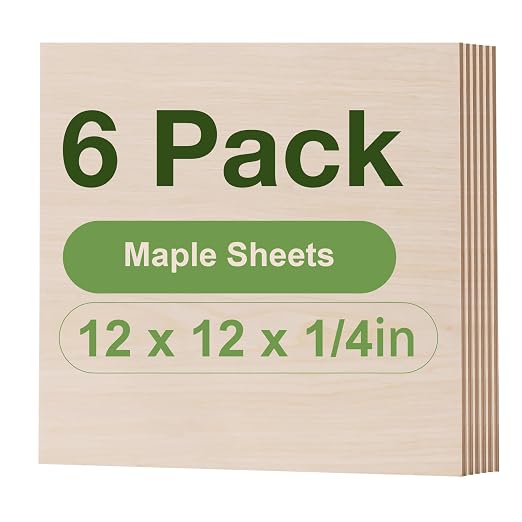 Rowood 6 Pack Maple Plywood 1/4,12x12x1/4inch,6mm Wood Sheets Thin Unfinished Maple Plywood for Laser Cutting and Engraving,DIY Adult Craft Project Kits for Ornaments, Models Drawing,Wood Burning by RowoodAssembleArtDecorateLife