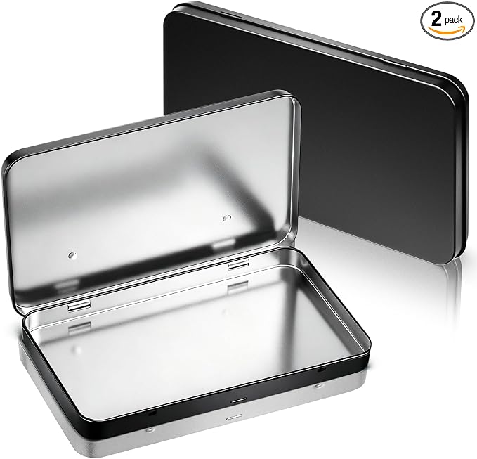 Geiserailie 2 Pack Metal Tin Boxes with Hinged Lids, Rectangular,Black | Empty Storage for Watercolor Paint, Jewelry, Pencil Case, Candy, 7.0x4.2x0.6 Inch Rectangular Craft Organizer Tin by Geiserailie